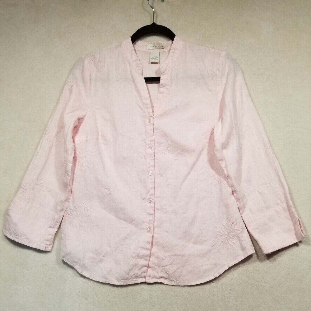 Tweeds S Top Pink Embroidered Linen Button Up 3/4 Sleeve Beach Coastal Pastel